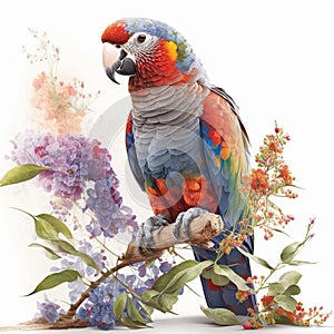 Radiant Plumage, A Gorgeous Parrot on a Flowers Branch, Isolated on White Background - Generative AI