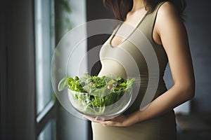 Radiant Pregnant smiling woman bowl salad. Generate Ai