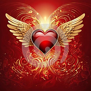 Radiant Red Heart with Golden Wings: Angelic Love Symbol