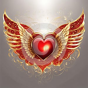 Radiant Red Heart with Golden Wings: Angelic Love Symbol