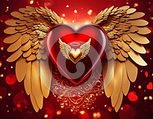 Radiant Red Heart with Golden Wings: Angelic Love Symbol