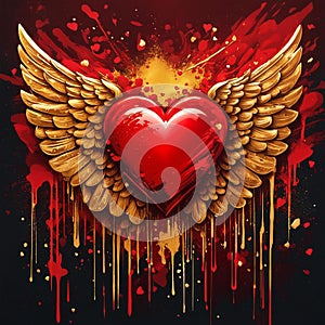 Radiant Red Heart with Golden Wings: Angelic Love Symbol