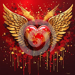 Radiant Red Heart with Golden Wings: Angelic Love Symbol