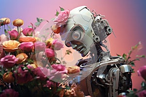 Radiant Robot smiling with flowers. Generate Ai