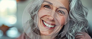 A Radiant, Silver-Haired Elderly Model With A Beaming Smile Poses For Dental Advertisement