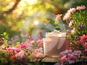 radiant skin cream jar surrounded by vibrant flowers creates serene and enchanting atmosphere. soft light enhances beauty of scene photo