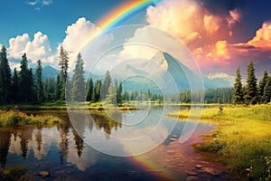 Radiant Summer landscape rainbow. Generate Ai