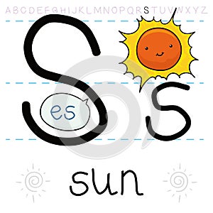 Radiant Sun ready for its Grammar Lesson about Letter S, Vector Illustration