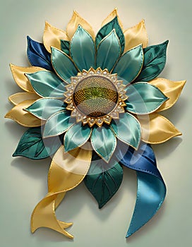Radiant sunflower brooch with blue and yellow petals, Generative AI