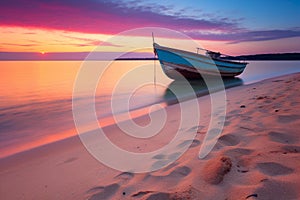 Radiant Sunrise over Deserted Beach and Fishing Boats