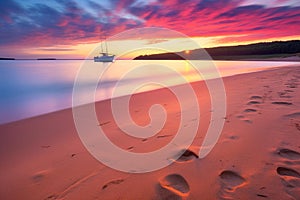 Radiant Sunrise over Deserted Beach and Fishing Boats