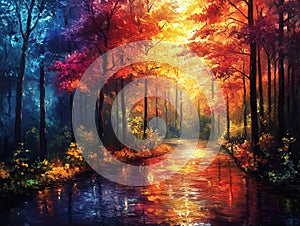 Radiant Symphony of a forest in impressionist style photo