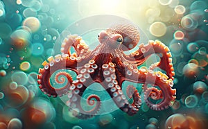 Radiant Underwater Portrait of a Vibrant Octopus in Colorful Bokeh Light photo