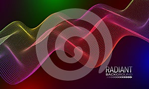 Radiant wavy background design with multicoloured dots and lines stream. Abstract cyberspace curvature background