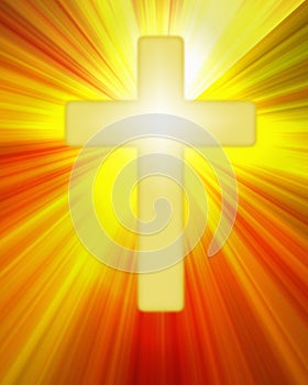 Radiant yellow cross symbol on bright rays photo