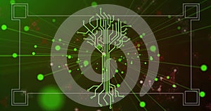 Radiating green circuit-tree graphic glowing in digital space, with glowing orbs and pixel clusters