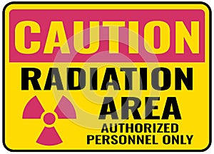 Radiation area authorized only sign. Pink, Yellow, Black background warning label. Symbols safety for hospitals and medical