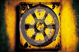 Radiation hazard designation in form of round black sign on yellow background