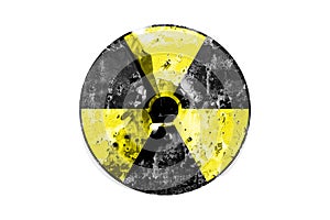 Radiation sign black and yellow with a texture of shot through metal on a white background , danger and radiation