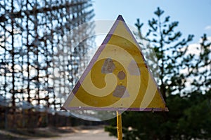 Radiation sign near telecommunication radio center in Chernobyl