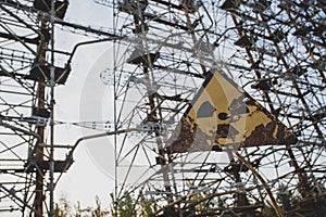 Radiation sign near telecommunication radio center in Chernobyl.