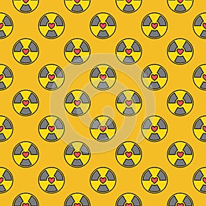 Radiation symbol with Heart vector Radioactive colored seamless pattern