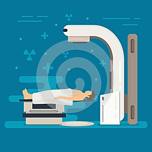 Radiation therapy vector concept. Cancer treatment with radiotherapy. Oncology RT of cancerous tumor. Medical x-ray beam therapy