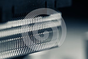 Radiator on the central processor. Macro shot. Selective focus .