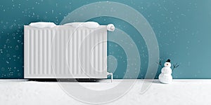 Radiator with snow and a snowman in a room