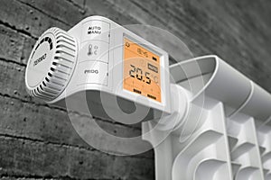 Radiator thermostat controller on heater. Closeup.