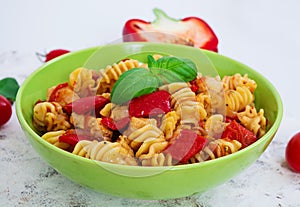 Radiatori pasta with chicken and peppers