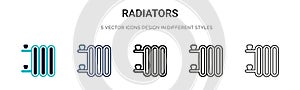 Radiators icon in filled, thin line, outline and stroke style. Vector illustration of two colored and black radiators vector icons