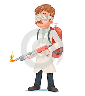 Radical cleaning mad scientist with flamethrower cleansing purification by fire destruction science cartoon character