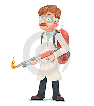Radical cleaning mad scientist with flamethrower cleansing purification by fire destruction science cartoon character photo