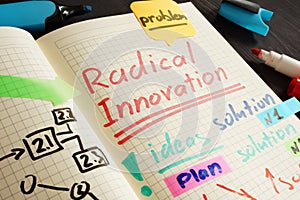 Radical innovation written in the note and pen. photo