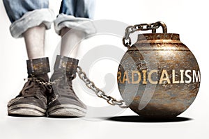 Radicalism can be a big weight and a burden with negative influence - Radicalism role and impact symbolized by a heavy prisoner`s