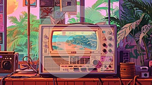 radio from 90's, miami vibe, vivid colors, tones, ultra sharp, 8k, lofi background, wallpaper, Generative AI