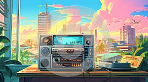 radio from 90's, miami vibe, vivid colors, tones, ultra sharp, 8k, lofi background, wallpaper, Generative AI