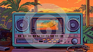 radio from 90's, miami vibe, vivid colors, tones, ultra sharp, 8k, lofi background, wallpaper, Generative AI