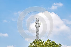 Radio or antenna tower with blue sky