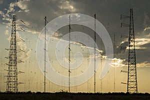 Radio antennas network at sunset