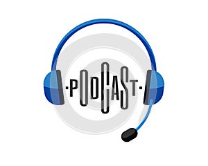 Radio broadcast studio logo. Blue headphones with podcast inscription stylized as equalizer sound wave . Live streaming