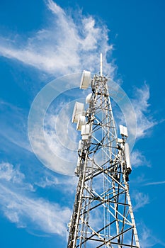 Radio, communication and cell tower on blue sky background