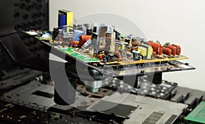 Radio components on electronic board at electronics factory