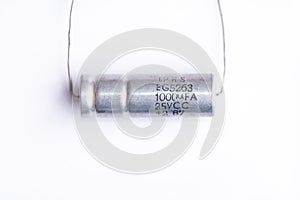 Radio components, old electronic parts on white background