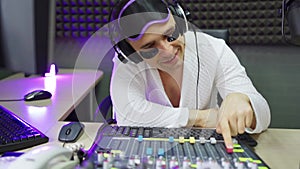 radio dj in sleep mask and cosmetic patches with mixing console on broadcast
