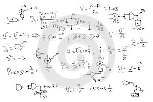 radio engineering schemes. electronic formulas and expressions. scientific and educational background. hand-drawn