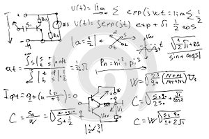 radio engineering schemes. electronic formulas and expressions. scientific and educational background. hand-drawn