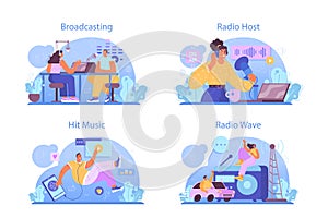 Radio host concept set. Idea of music broadcasting in the studio