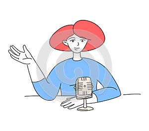Radio host doodle drawing. Female podcaster speaking to mic microphone